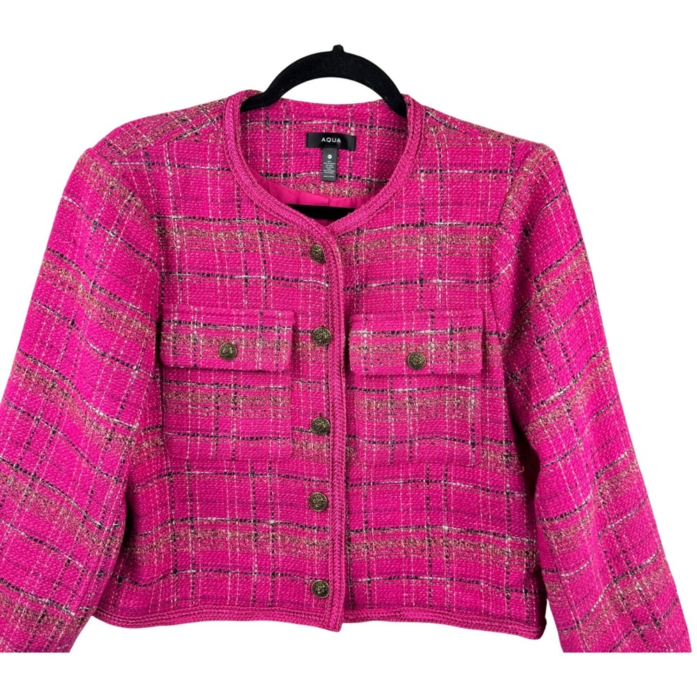 AQUA Tweed Plaid Jacket Women Medium Pink Gold Button Cropped Wool Blend Preppy - Picture 4 of 13